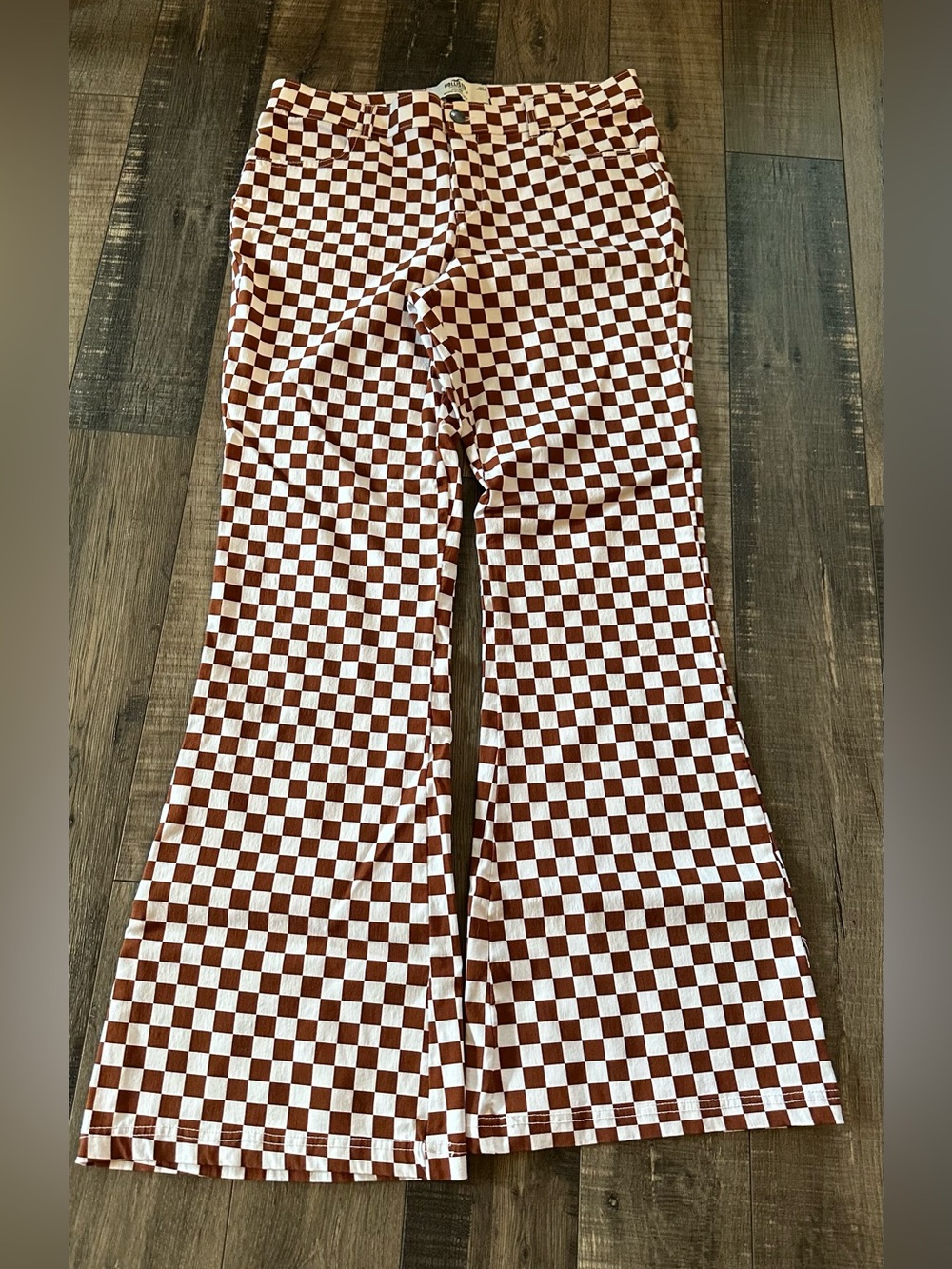 Hollister High Rise Flare Jeans Womens Large Brown White Checkered Stretch